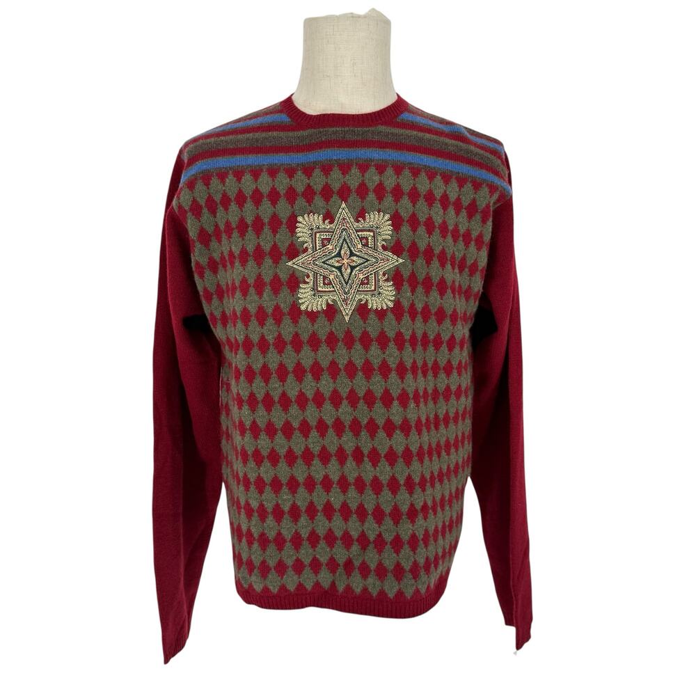 Robert Graham Crew Neck Collegiate Crest Embroidered Chunky Knit Sweater